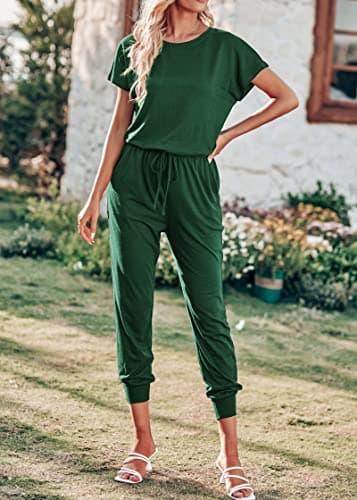 KIRUNDO Jumpsuits for Women Summer 2026 Casual Short Sleeve One Piece Outfits Drawstring Waist Long Pants Romper Jumpers(Dark Green, X-Large) - Thumbnail 4