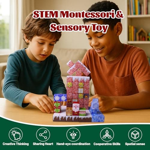 Magnetic Blocks - 150 PCS Magnets Block Sensory Educational Interactive Building Toy Set for Toddlers Kindergarten Creative STEM Learning Gift, Magnet 0.8in Tiles Construction Suit, Snow and Christmas - Thumbnail 3