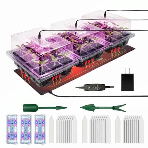 Seed Starter Tray 3 Pack with Heating Mat & 24 Full Spectrum LEDs Grow Light – Auto cycle Timer, Humidity Dome Ventilation Cover, Drainage Holes, Includes Gardening Tools – Transparent version - Image 1