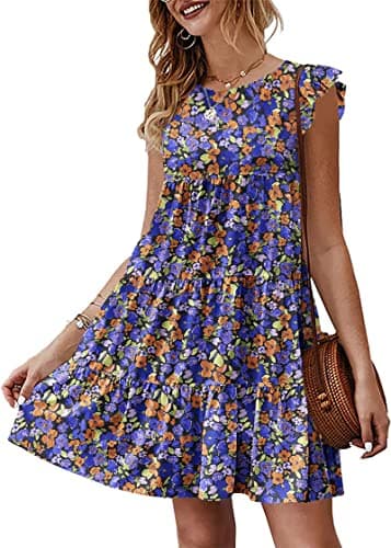 KIRUNDO Beach Vacation Clothes for Women Boho Floral Sleeveless Ruffle Sleeve Round Neck Loose Short Flowy Tiered Pleated Mini Babydoll Dress, Floral3-Black Purple, X-Large - Image 1