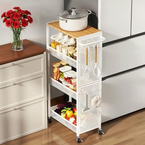 KITREPAION 4-Tier Slim Storage Cart with Wheels,Small Mobile Organizer Shelf with Wooden Top & Metal Handle for Kitchen, Laundry Room, Bathroom, Office (White, 9.1 inch) - Image 1