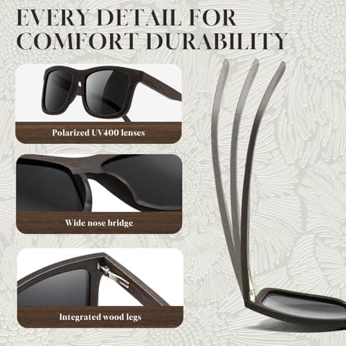 SUNGAIT Brown/Black Oak Wood Polarized Sunglasses Classic Retro Square Shades for Men Women Driving Gifts (Black Oak Frame/Grey Lens) - Thumbnail 4