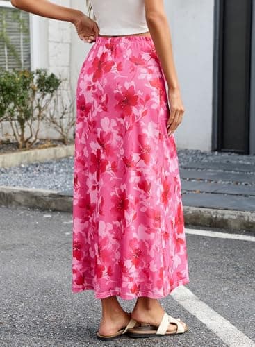 BLENCOT Womens Pink Mesh Skirt Spring High Waisted A Line Long Flowy Maxi Skirts Boho Floral Printed Beach Vacation Skirt for Women Fashion X-Large - Thumbnail 3