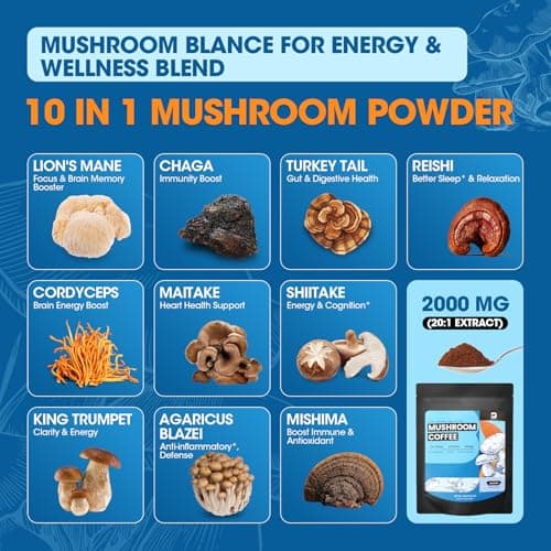 B BEWORTHS Mushroom Coffee Powder with Ashwagandha, L-theanine, Lion's Mane, Reishi, Chaga, Cordyceps, Turkey Tail, Ginseng | Arabica Instant Coffee for Immunity, Brain Focus, Gut Health | 60 Servings - Thumbnail 3