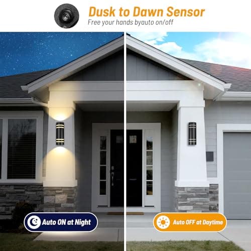 Tesjaso Modern Outdoor Wall Sconce with Dusk to Dawn Sensor, Up Down Exterior Light Fixture, Waterproof Outdoor Light Fixtures Wall Mount for Porch, Garage, Patio - E26 Base, Black Aluminum - Thumbnail 2