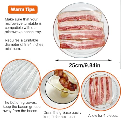 HoPliGhe Microwave Bacon Tray 9.84 Inch - Round Glass Bacon Cooker for Microwave and Oven - Cook 4 Crispy Strips in Minutes, No Mess, Space-Saving Design, Easy Clean - Thumbnail 2
