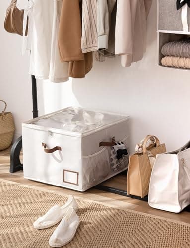 StorageWorks Shoe Organizer for Closet, Shoe Storage Bins with Clear Lid, Fabric Shoe Boxes with Side Mesh Pockets, Closet and Storage Bins for Slippers and Flats, Holds Up to 16 Pairs, Beige - Thumbnail 5