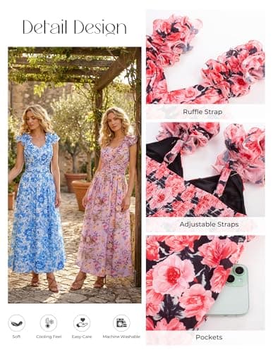 GRACE KARIN 2025 Women's Summer Floral Print Dress Sleeveless Casual Flowy Sundress A Line Ruffle Wedding Guest Outfit Red Floral M - Thumbnail 5