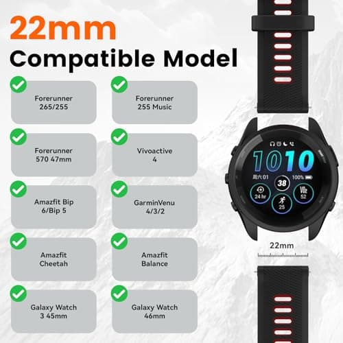 Velocarer Watch Band for Garmin Forerunner 265/Forerunner 255/Vivoactive 4/Venu 3/Venu 2, 22mm Quick Release Silicone Sport Bands, Black & Red - Thumbnail 2