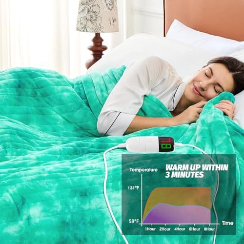 greenoak Heated Electric Blanket Throw, Faux Fur Sherpa Heating Blanket for Sofa Bed, Warm Winter Gifts for Women/Her, Heater Lap Blankets 5-Position Timer &10 Heating Levels 50''*60" Aqua - Thumbnail 6