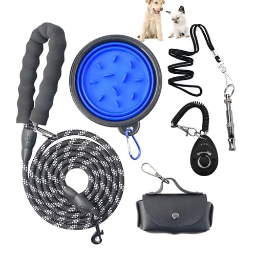 Dog Training Starter Kit for Beginners, 5-Piece Puppy Training Set with Reflective Leash, Clicker, Adjustable Whistle, Collapsible Slow Feeder Bowl and Poop Bag Holder, New Dog Owner Essentials