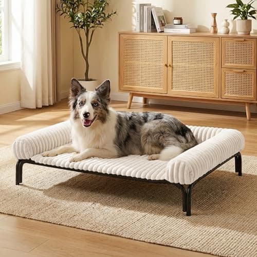 Elevated Dog Bed with Removable Fluffy Pillow Cushion, Raised Pet Cot Washable Bolster, Dog Couch Sofa, Anti Slip Feet, Breathable Mesh, Cream, 43"×32" - Image 1