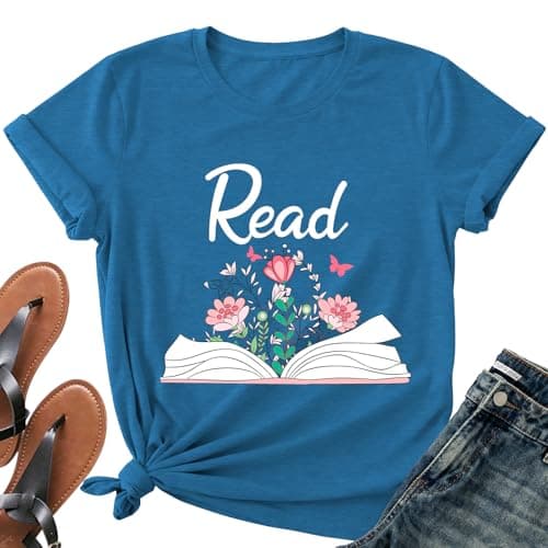 Read Book Shirt for Women-Reading Teacher Tee Tops Pink Flower and Butterfly Short Sleeve Cute Book Shirt - Image 1