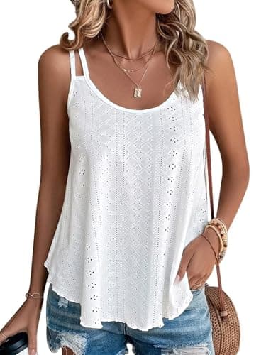 ATHMILE Camisole Tops for Women Tank Tops Eyelet Embroidery Sleeveless Spaghetti Strap Tops Scoop Neck Sexy Loose Fit Casual Summer Flowy Cami White - Image 1
