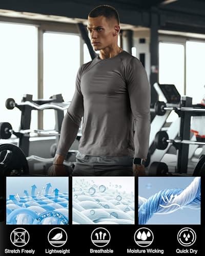 RIKUAOU Men's Long Sleeve Compression Shirt, Quick Dry Athletic Base Layer Top, Skins Fit Football Running Workout Undershirt - Thumbnail 5