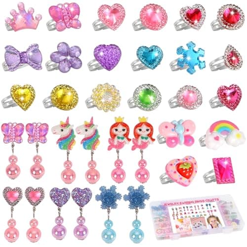 Toddler Girl Toys for Ages 5-7 Jewelry,34pcs Girls Toys Age 6-8 Clip on Earrings for Girls age 8-10 Kids Princess Toy Adjustable Ring Girl Toy Age 3 4 5 6-8 Year Old Birthday Christmas Gifts - Image 1