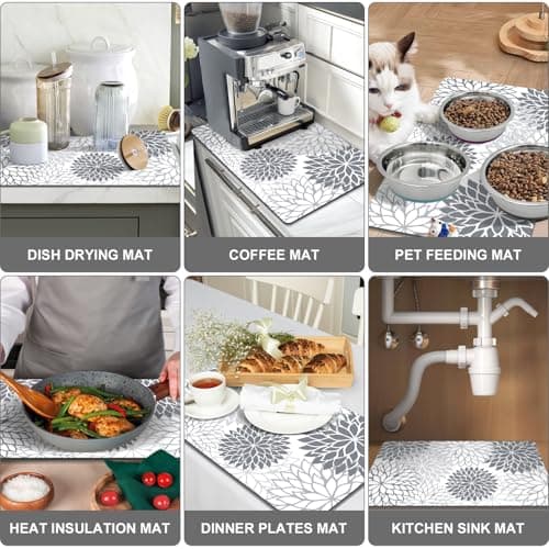 Findosom 2PCS 16" x 24" Dish Drying Mat & 24" x 5.5" Sink Splash Guard, Super Absorbent & Cuttable Dish Mat Drying Kitchen Mat with Gray Floral, Hide Stain Drying Mat for Kitchen Counter - Thumbnail 6