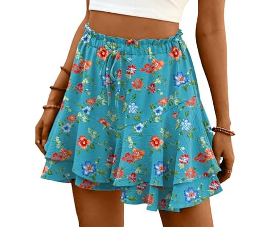 Lepunuo Casual Shorts for Women Boho Skorts Ruffle Mini Skirts Butterfly Shorts Adjustable Drawstring Flowy Tennis Skorts Floral Orange - Image 1