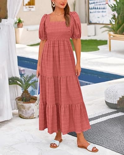 PRETTYGARDEN Women's Summer Dresses 2026 Puff Sleeve Square Neck High Waist Smocked A-Line Flowy Loose Fit Midi Dress(Bean Paste Pink,XX-Large) - Thumbnail 4