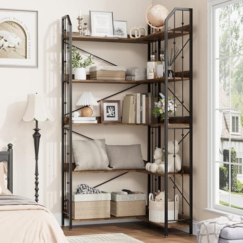 GarveeHome Corner Bookshelf 72" L Shaped Bookcase, Corner Bookshelves Industrial Bookcase 5 Tier L-Shape Bookshelf, Large Bookcases with Beaded Design Tall Display Rack Shelf for Living Room Bedroom - Thumbnail 6