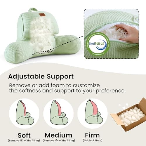 Amélie Home Premium Cooling Waffle Reading Pillow, Qmax>0.37 Ergonomic Back Support with Pocket & Handle, Breathable Lounging Pillow for Bed Sofa Floor Summer, Washable Cover, 17 Inches, Sage Green - Thumbnail 4