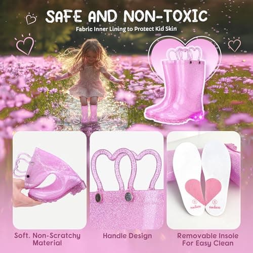Funspread Toddler Rain Boots Girls Rain Boots - Glitter Light Up Kids Rain Boots with Easy-On Handles Lightwight Waterproof Rain Shoes Glitter Pink Size 5 - Thumbnail 3