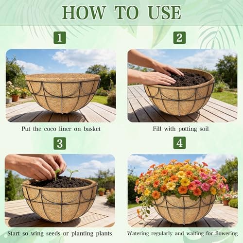 13.5 Inch 3 Pack Hanging Baskets Planters for Outdoor Plants - Wire Hanging Baskets Plant for Plants Outdoor with Coco Liners Minimalist Metal Hanging Pots for Outside Garden Patio Porch Decor - Thumbnail 6
