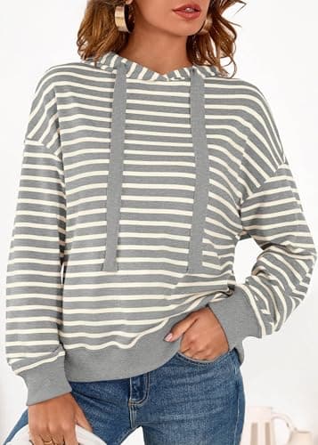 KIRUNDO Sweatshirt For Women Casual Loose Striped Long Sleeve Drawstring Hoodie Pullover Hooded Tops Fashion Clothing(Grey, Medium) - Thumbnail 5