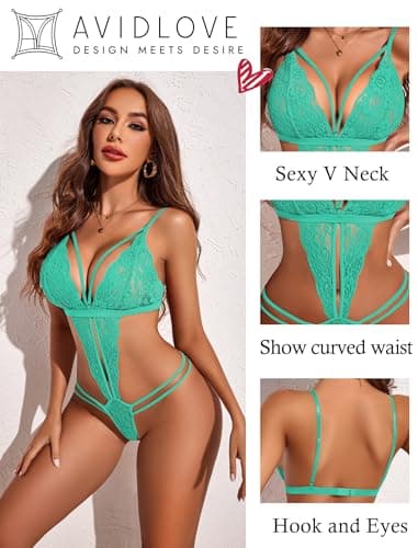 Avidlove Lingerie for Women Sexy Teddy Underwear Nighty Lace Bodysuit Cute Outfit (Celadon Green, X-Small) - Thumbnail 2
