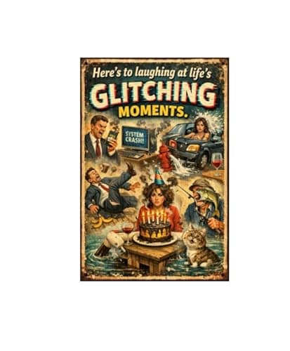 Here's To Laughing At Life's Glitching Moments Metal Tin Sign Funny Retro Humor Poster System Crash Birthday Cake Cat Coffee Disaster 8x12 Inch Iron Art Plaque - Image 1