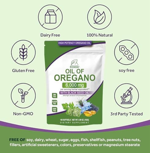 RIOWEGO Oil of Oregano Softgels with Black Seed Oil, 6000mg High Potency Oregano Oil Capsules for Immune Support, Gut Function Support, Carvacrol & Thymoquinone, Non-GMO, Gluten Free,180 Softgels - Thumbnail 5