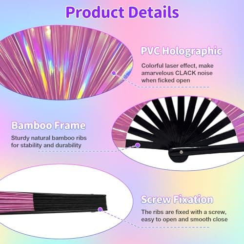 EOSAU Large Holographic Rave Fan Folding Hand Fans for Line Dancing Portable Handheld Clack Fan for Festival EDM Party Music Outfit Accessories (13" Pink 01) - Thumbnail 3
