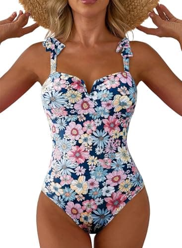 Aleumdr Tummy Control One Piece Swimsuit for Women 2026 Swimming Suit Print Floral Athletic Bathing Suits V Neck Adjustable Straps Swimwear Sky Blue XX-Large - Image 1
