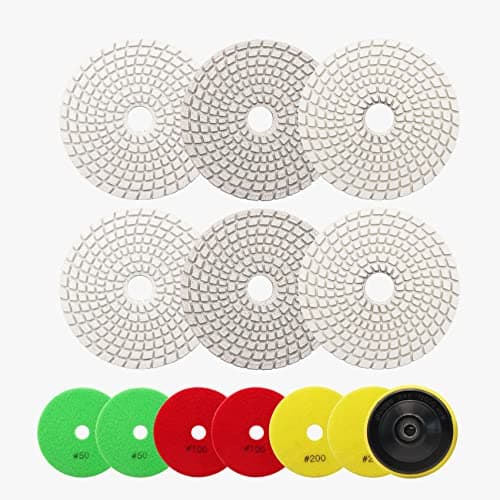 BRSCHNITT Wet Diamond Polishing Pad ,6pcs 4 inch (2 x #50,#100,#200),for Granite Stone Marble Sanding used on Grinder or Polisher, with Hook & Loop 5/8-11 Plastic Backing Holder Pads - Image 1