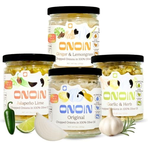 ONOIN Chopped Onions in 100% Olive Oil - Seed Oil Free & Ready-to-Use Flavor Base & Topping | Variety Pack 9 oz (Pack of 4) In Glass Jar | Fresh Marinated Onions & All Natural Cooking Base for Sauces, Soups, & Recipes