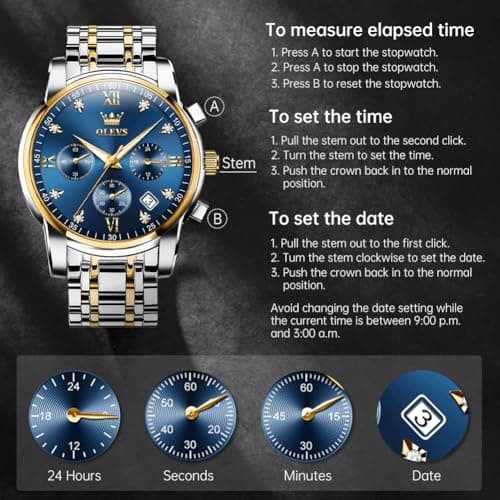 OLEVS Watch Men Silver Stainless Steel Blue and Gold Mens Watches Luminous Waterproof Moon Phase Watches for Men Big Face Chronograph Analog Quartz Wrist Watch for Man Luxury Reloj de Hombre - Thumbnail 5