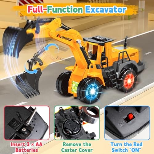 Car Toys for Toddlers, Excavator Toy with 2 Flashing Lights Music, Toy Trucks Construction Vehicle with 1 Moving Arm, Baby Toys for 3 4 5 6 Year Old Boys, Kids Valentine's Day Easter Birthday Gifts - Thumbnail 4