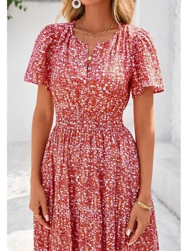 BTFBM Womens Summer Floral Maxi Dresses V Neck Short Sleeve Boho Casual Flowy Long Wedding Guest Dress Beach Vacation(Floral Orange Red, Small) - Thumbnail 6