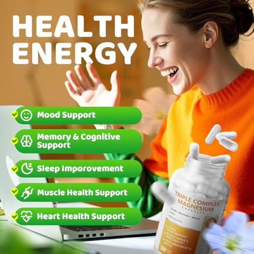 Triple Magnesium Complex - Magnesium Glycinate, Taurate & Malate Supplement with Omega3, Ashwagandha, GABA for Sleep, Brain Heart & Muscle Support - High Absorption and Gentle, Vegan, 120 Capsules - Thumbnail 2
