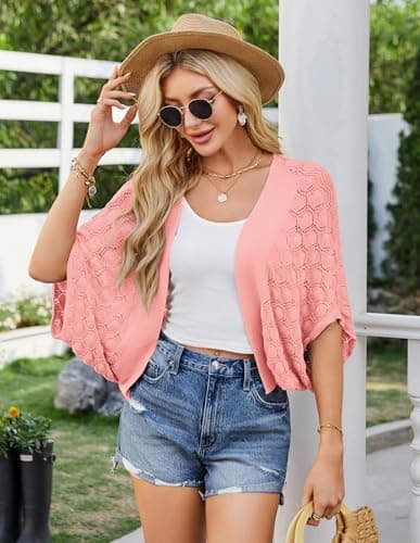 Womens Batwing Crochet Open Front Oversized Bolero Shrug Cardigan Light Pink XL - Thumbnail 2
