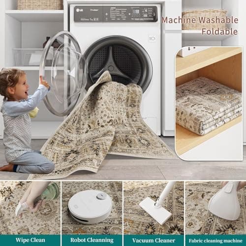 5x7 Area Rug, Short Pile Non-Slip Washable Foldable Floor Mat for Living Room Bedroom Dining Room Kids Room Office, Modern Decorative Carpet in Beige and Yellow - Thumbnail 4