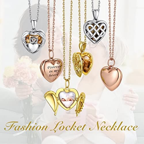 Bestyle Silver Rose Gold Heart Locket Necklace for Women Cute Irish Claddagh Lockets Love Message Photo Pendant Dainty Memorial Custom Locket Jewelry Gift, 18"+2" Chain - Thumbnail 2