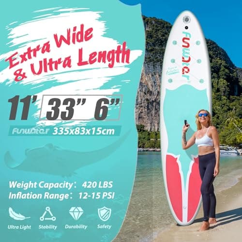 FunWater Inflatable Stand Up Paddle Board 10'6"/11"/11'6" Paddle Board for Adults & Youth, Paddleboards Inflatable with Premium SUP Accessories, Wide Stable, Non-Slip Comfort Deck (White/Pink/Blue) - Thumbnail 2