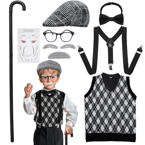 Skirfy 100 Days of School Costume for Boys,Old Man Costume for Kids with Old Man Hat and Grandpa Vest,Cosplay Grandpa Dress Up Accessories for School Parties - Image 1