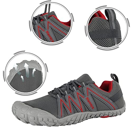 Weweya Women's Minimalist Barefoot Shoes Low Zero Drop Trail Running 5 Five Fingers Wide Toe Box for Female Lady Flat Heel Comfortable Treadmill Grey Red US Size 10 - Thumbnail 2