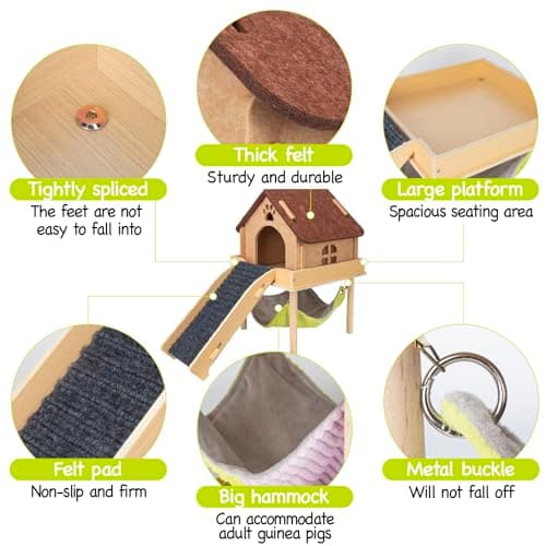 BESNEW 3 in 1 Enlarged Guinea Pig Hammock,Wooden Guinea Pig Hideout with House & Platform & Stairs Small Animal Toys for Hiding Sleeping Activities - Thumbnail 5