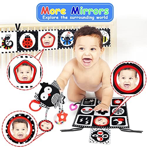 KUANGO Black and White High Contrast Baby Toys 0-6 Months with Mirror, Crinkle and Rattles, Soft Baby Toys for Brain Development Montessori Sensory Tummy Time Newborn Infant for 0 3 6 9 Months Old - Thumbnail 2