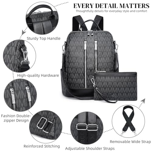 VANSARTO Backpack Purse for Women Vegan Leather Travel Backpack with Wristlet, Designer Convertible Shoulder Bag Satchel Handbag, Lightweight Fashion Backpack with Wide Strap (Black) - Thumbnail 4