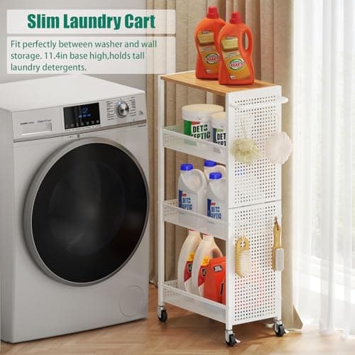 KITREPAION 4-Tier Slim Storage Cart with Wheels,Small Mobile Organizer Shelf with Wooden Top & Metal Handle for Kitchen, Laundry Room, Bathroom, Office (White, 9.1 inch) - Thumbnail 5