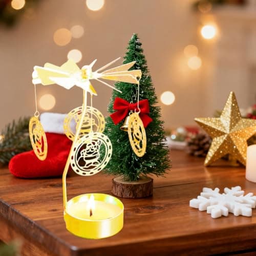 4EVERHOPE Christmas Rotating Candle Holder, Gold Spining Metal Tealight Candle Holder for Christmas, Valentine's Day, Party Table Decor, Wedding Gift (Santa Claus) - Thumbnail 2